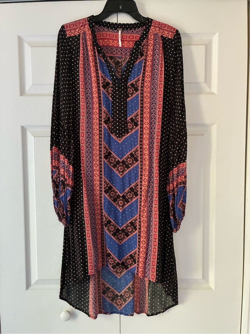 Free People Black Long Sleeve Boho Tunic Dress with Blue & Coral Panels